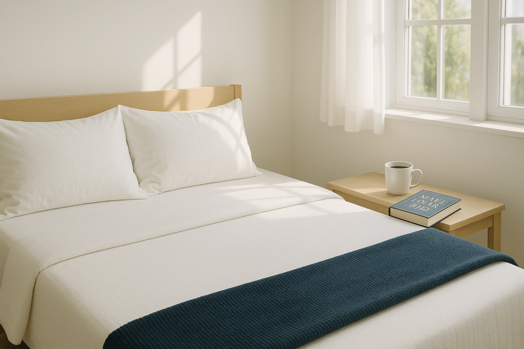 A neatly made bed in a bright, minimalist bedroom with crisp white sheets, a folded navy blanket at the foot, and sunlight streaming through a window; on the nightstand, a closed book titled “Make Your Bed” with a cup of coffee beside it; motivational, inspiring, and calm atmosphere.