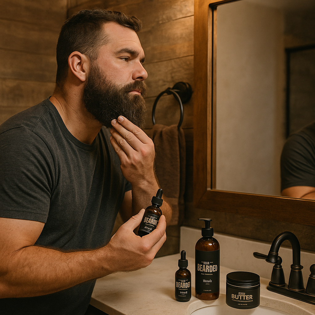Man with a full, well-groomed beard using Live Bearded products on bathroom counter