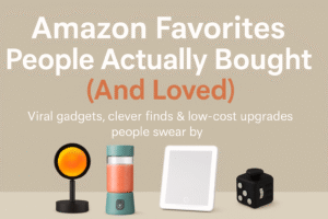 Amazon gift guide featuring viral products like a sunset lamp, mini blender, vanity mirror, and fidget cube on a beige background.