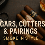 A stylish flat lay of cigars, a V-cut cigar cutter, and a glass of amber whiskey on a dark wooden surface. The image features brands like Montecristo and My Father, with bold text overlay reading “Cigars, Cutters & Pairings – Smoke in Style."