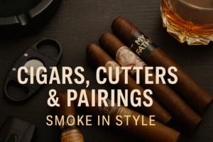 A stylish flat lay of cigars, a V-cut cigar cutter, and a glass of amber whiskey on a dark wooden surface. The image features brands like Montecristo and My Father, with bold text overlay reading “Cigars, Cutters & Pairings – Smoke in Style."