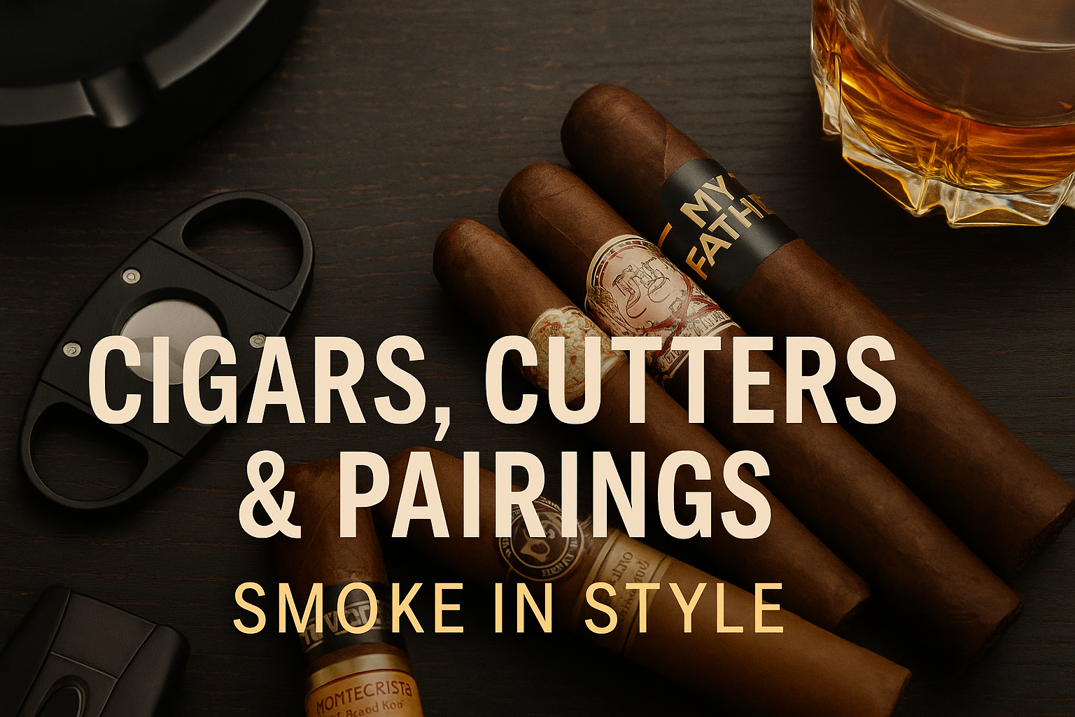 A stylish flat lay of cigars, a V-cut cigar cutter, and a glass of amber whiskey on a dark wooden surface. The image features brands like Montecristo and My Father, with bold text overlay reading “Cigars, Cutters & Pairings – Smoke in Style."