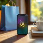 Phone with cashback earnings next to shopping bags and receipt — visual of money-making shopping apps.