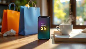 Phone with cashback earnings next to shopping bags and receipt — visual of money-making shopping apps.