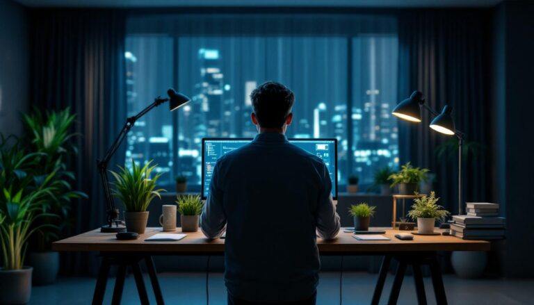 person working in front of a standing work desk