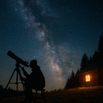 Person using a telescope under a star-filled night sky with the Milky Way overhead.