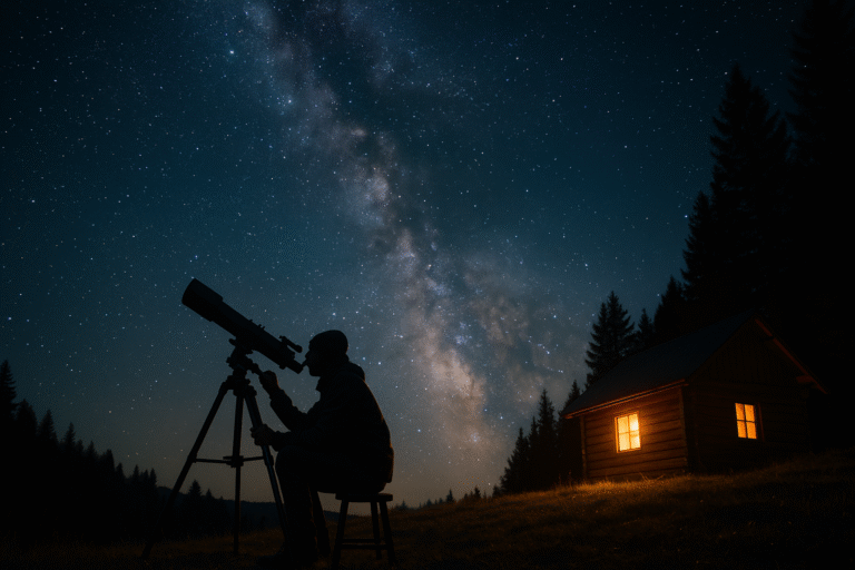 Person using a telescope under a star-filled night sky with the Milky Way overhead.