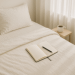 A neatly made bed with a journal, pen, and coffee cup in soft morning light, representing the start of a 10-day self improvement challenge.
