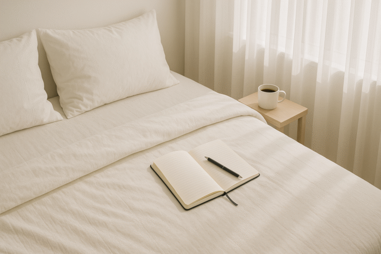 A neatly made bed with a journal, pen, and coffee cup in soft morning light, representing the start of a 10-day self improvement challenge.