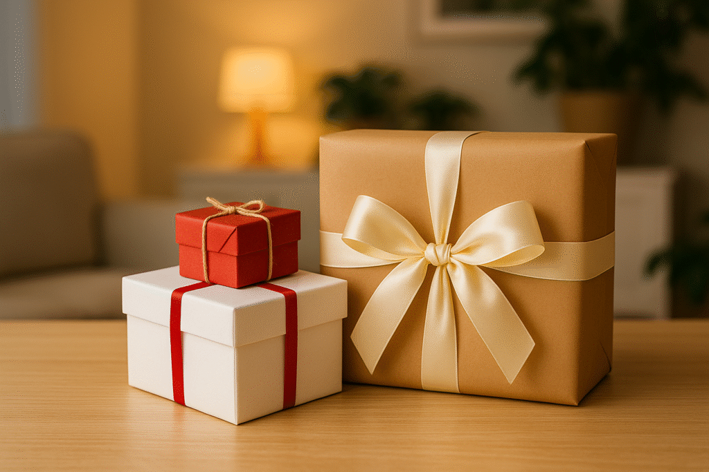 Photo of three wrapped gift boxes on a wooden table in a cozy living room with soft lighting, ideal for blog posts or websites about thoughtful, unique, or specific gift ideas.