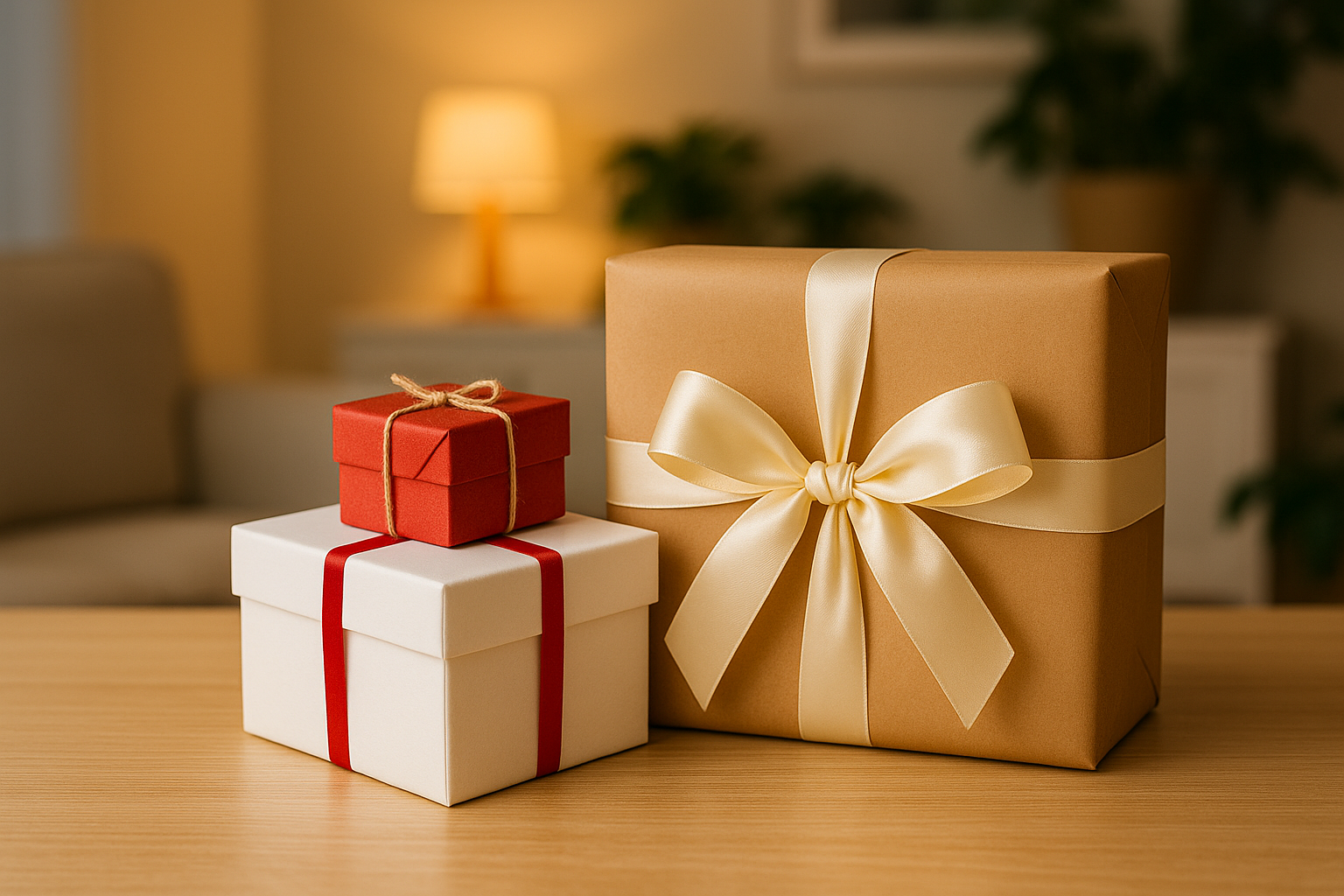 Photo of three wrapped gift boxes on a wooden table in a cozy living room with soft lighting, ideal for blog posts or websites about thoughtful, unique, or specific gift ideas.