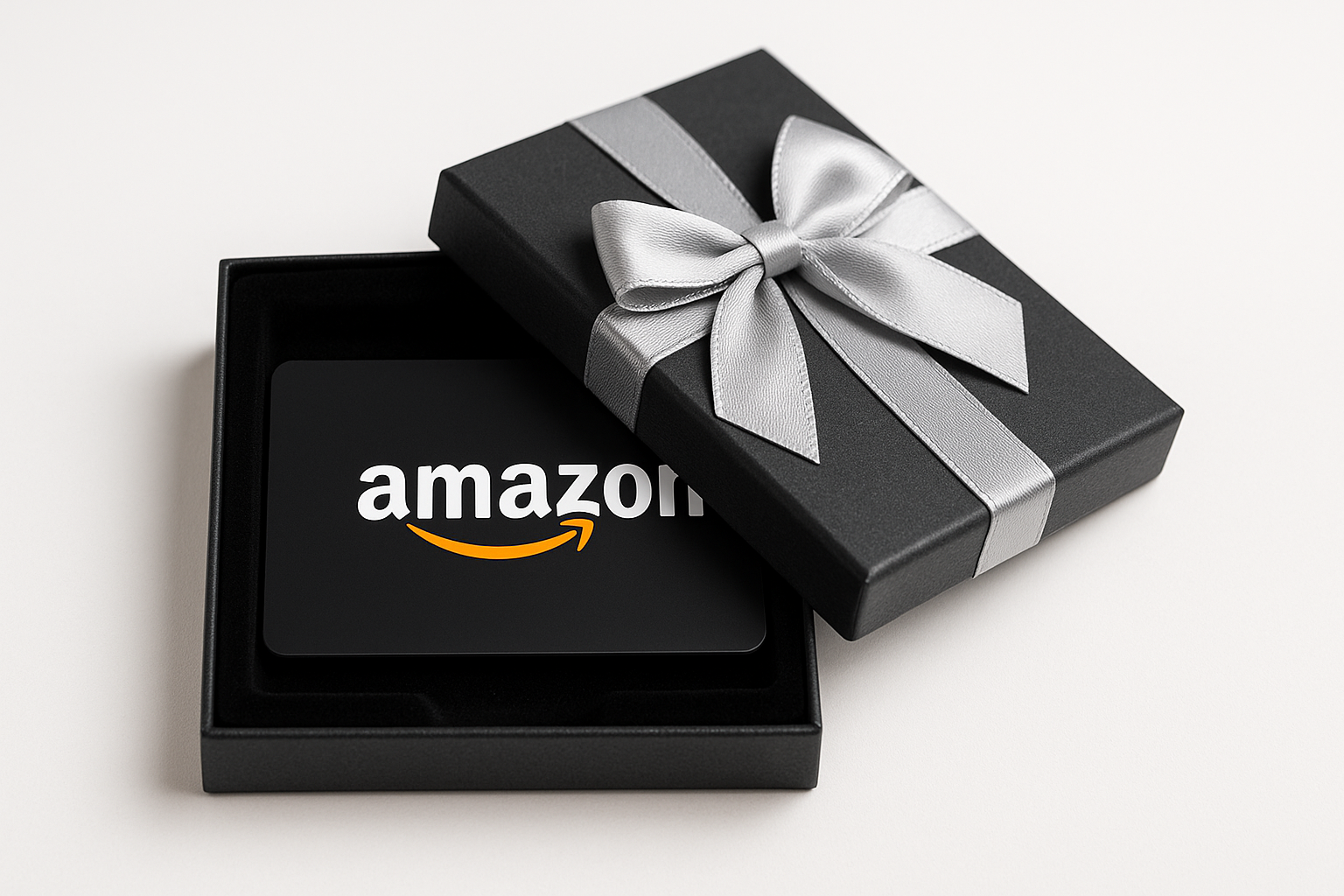 Amazon Gift Card inside a black gift box with silver ribbon, displayed on a clean white surface — ideal for budget-friendly gift giving.