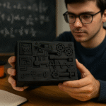 3D printed puzzle gift box with gears, sliders, and math-inspired patterns, designed as an interactive challenge for theoretical physicists.