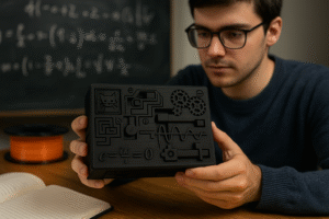 3D printed puzzle gift box with gears, sliders, and math-inspired patterns, designed as an interactive challenge for theoretical physicists.