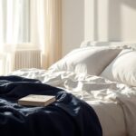 A neatly made bed with white sheets and a folded navy blanket in a sunlit room, featuring the book Make Your Bed on a nightstand with a coffee cup, symbolizing discipline and fresh starts.