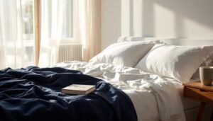 A neatly made bed with white sheets and a folded navy blanket in a sunlit room, featuring the book Make Your Bed on a nightstand with a coffee cup, symbolizing discipline and fresh starts.