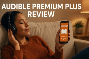 A person relaxing on a couch with headphones, listening to an audiobook on their phone. Warm lighting, 16:9 ratio, modern home setting.