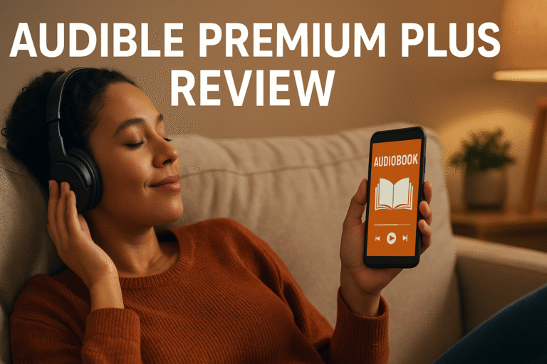 A person relaxing on a couch with headphones, listening to an audiobook on their phone. Warm lighting, 16:9 ratio, modern home setting.