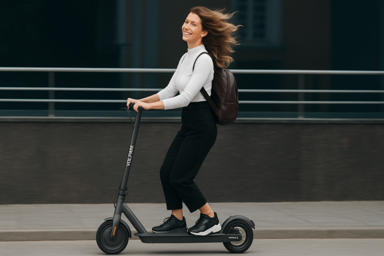 “Woman riding a gray VOLPAM Q1 electric scooter with front E-ABS and rear drum brake, designed for adult commuting.”