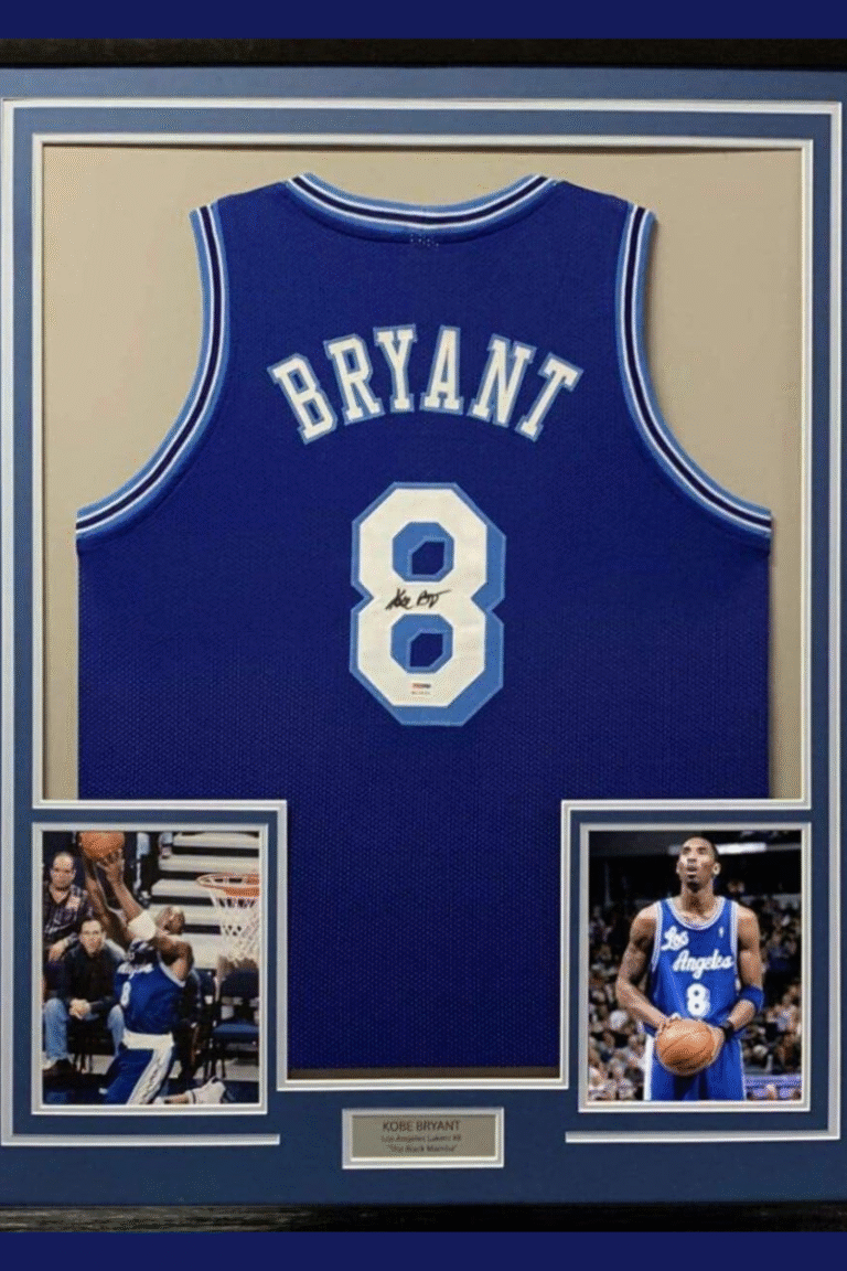 Framed Autographed/Signed Kobe Bryant 33x42 Los Angeles LA Retro Blue Basketball Jersey PSA/DNA COA