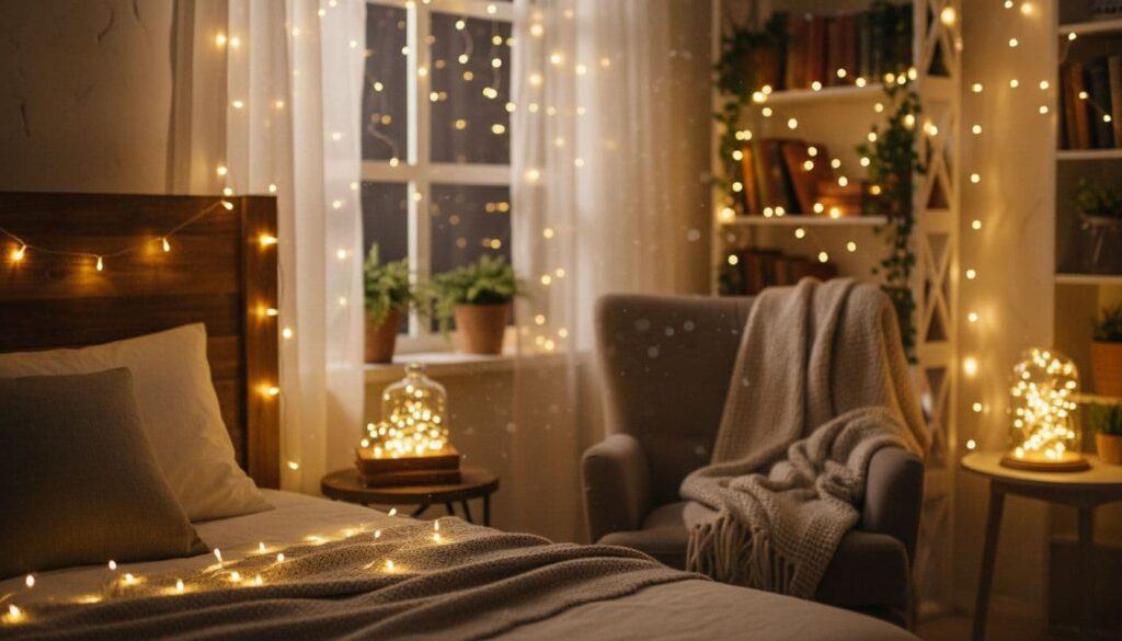 A photo-realistic comparison showcasing LED fairy lights in indoor and outdoor settings, captured with ultra high definition and professional photography for sharp, detailed visuals.