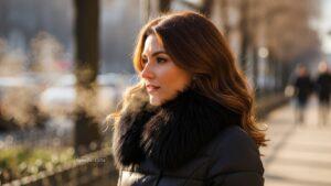 Woman wearing a warm puffer jacket with a faux fur collar during a cold morning.