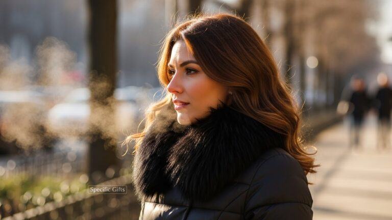 Woman wearing a warm puffer jacket with a faux fur collar during a cold morning.