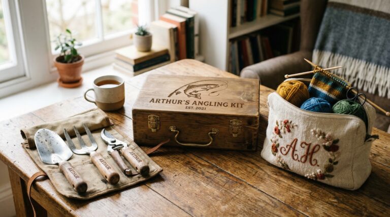 personalized hobby gifts displayed for different hobbies including fishing gardening and knitting