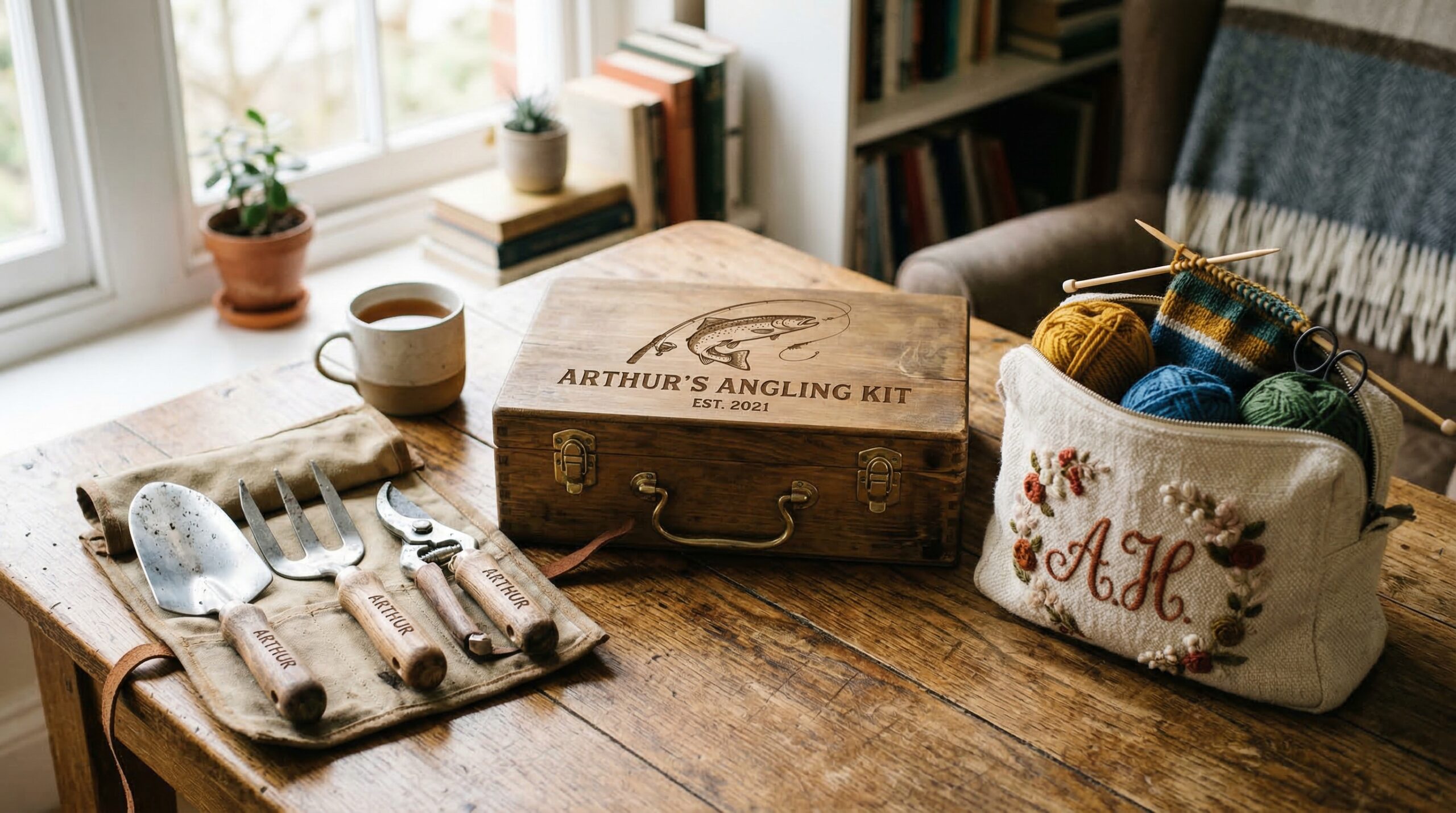 personalized hobby gifts displayed for different hobbies including fishing gardening and knitting