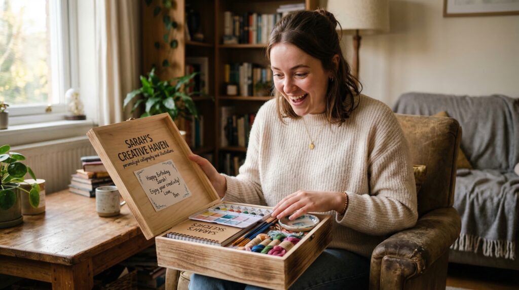 person reacting to receiving personalized hobby gift with genuine surprise