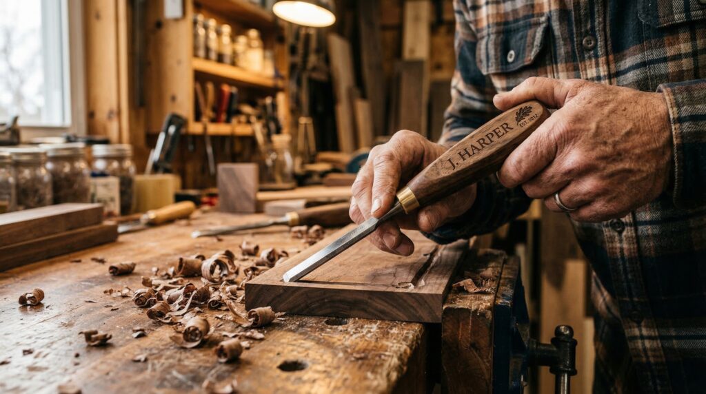 personalized woodworking tool being used showing practical hobby gift example