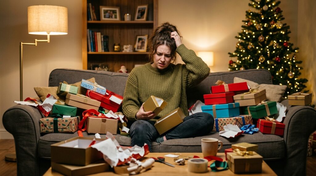 Image of a person that is har to shop for. Gift all around them and the look of confusion on her face.