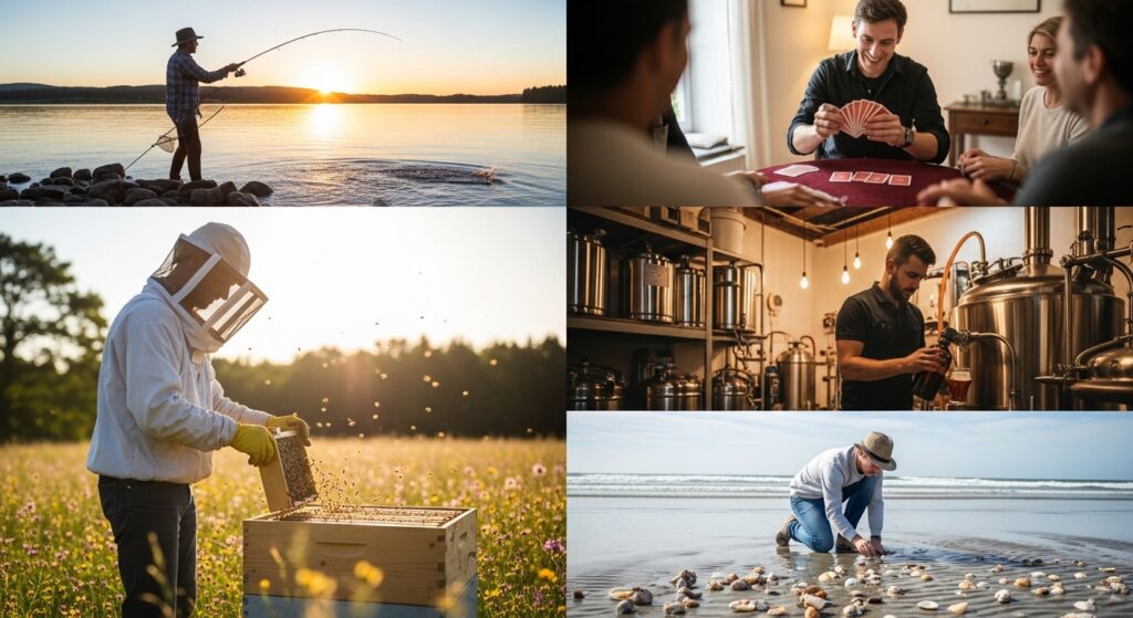 people enjoying hobbies such as fishing magic beekeeping and shell collecting